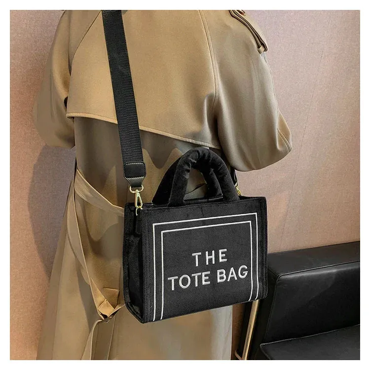 Square Velour Tote Bag with Letter Print