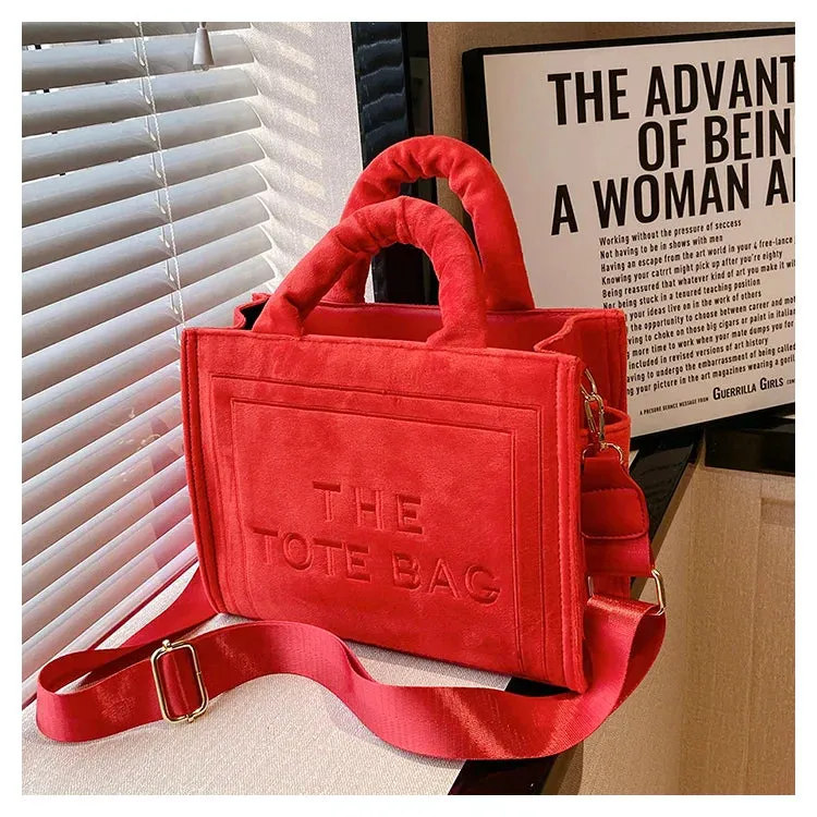 Square Velour Tote Bag with Letter Print