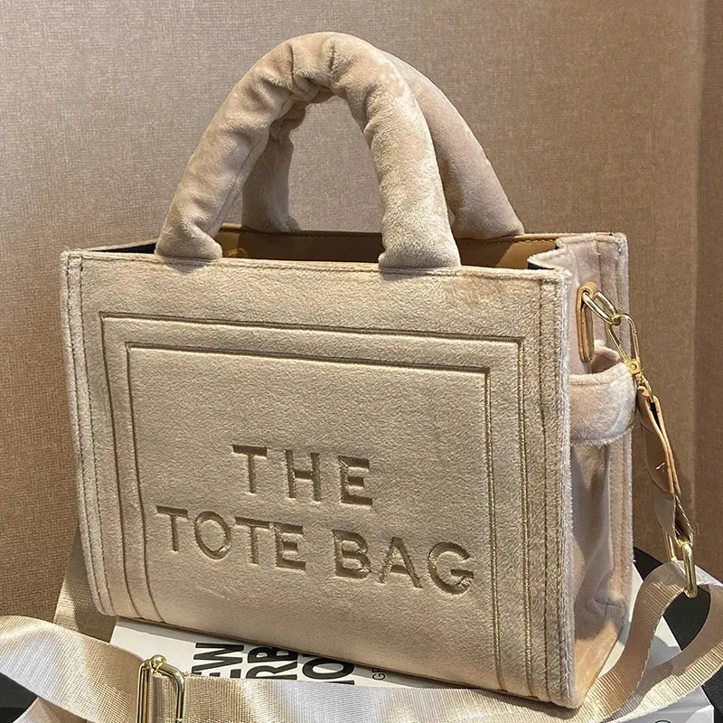 Square Velour Tote Bag with Letter Print