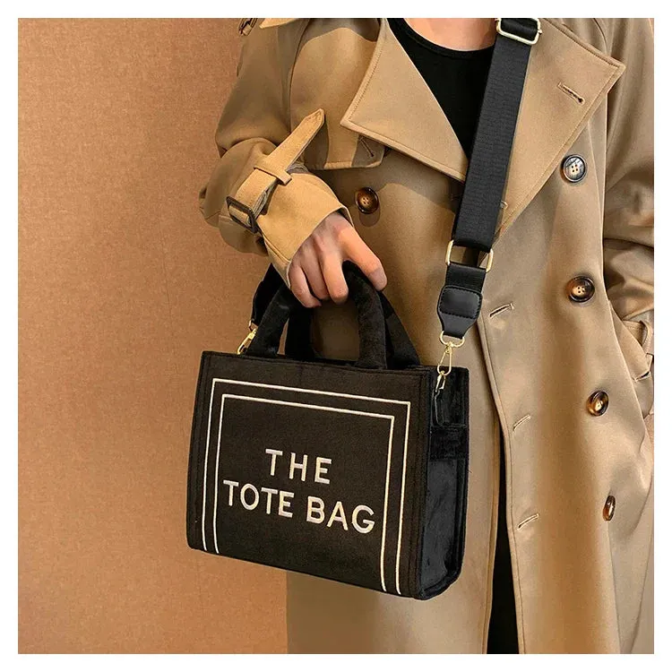 Square Velour Tote Bag with Letter Print