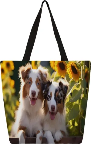 Sunflower Cute Dogs Large Capacity Canvas Tote Bag Stylish Handheld Shoulder Bag Reusable Shopping Bag for Work Travel Beach Trips Shopping