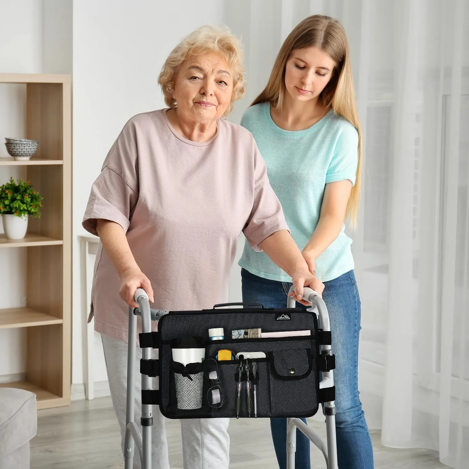 supregear Walker Bag for Seniors Folding Walker Accessories Bag (Double Sided), Walker Basket Caddy Large Capacity Waterproof Tote with 9 Pockets and Cup Holder (Light Black)