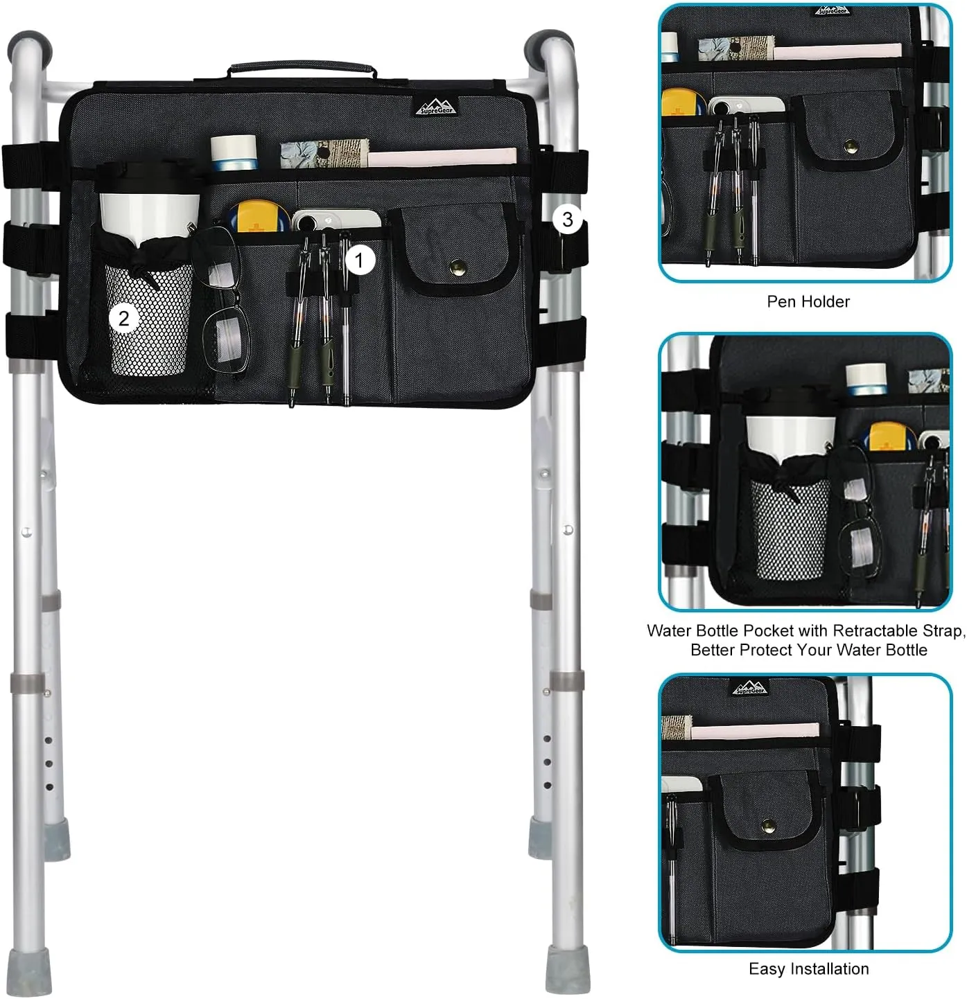 supregear Walker Bag for Seniors Folding Walker Accessories Bag (Double Sided), Walker Basket Caddy Large Capacity Waterproof Tote with 9 Pockets and Cup Holder (Light Black)