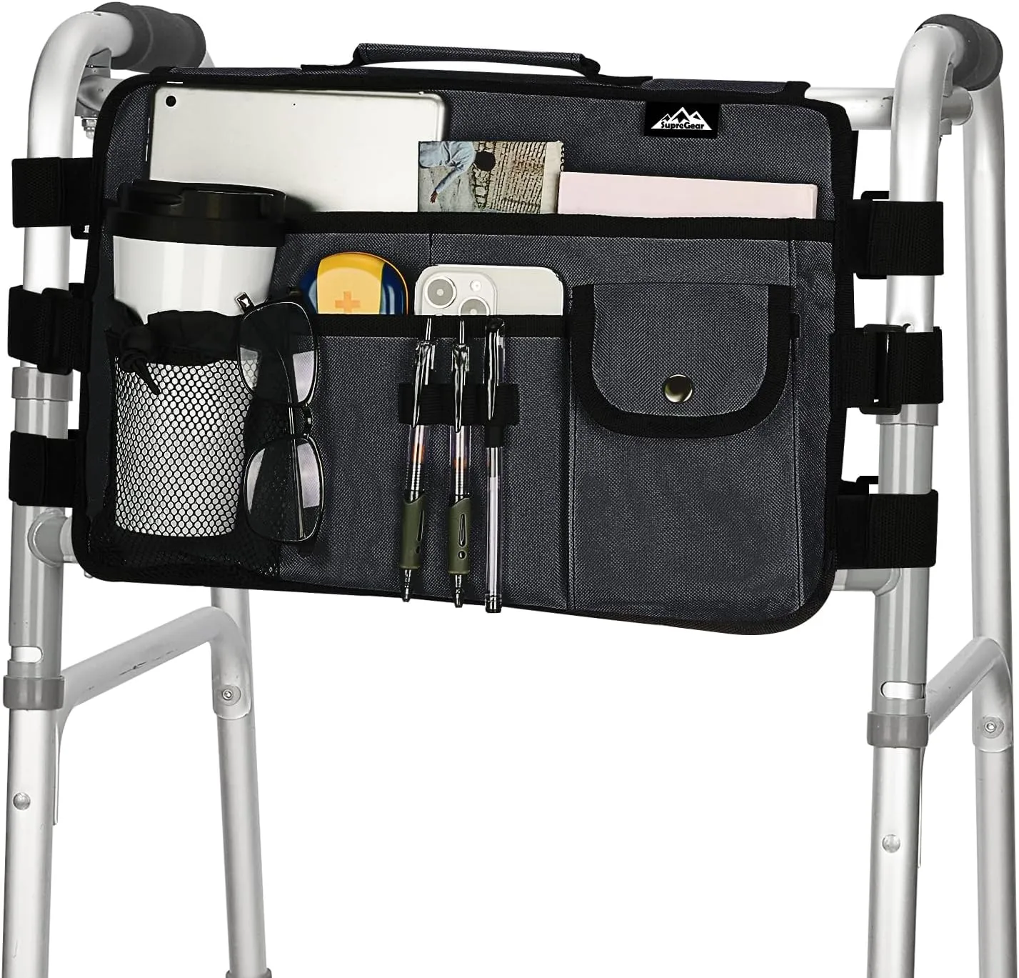 supregear Walker Bag for Seniors Folding Walker Accessories Bag (Double Sided), Walker Basket Caddy Large Capacity Waterproof Tote with 9 Pockets and Cup Holder (Light Black)