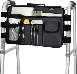 supregear Walker Bag for Seniors Folding Walker Accessories Bag (Double Sided), Walker Basket Caddy Large Capacity Waterproof Tote with 9 Pockets and Cup Holder (Light Black)
