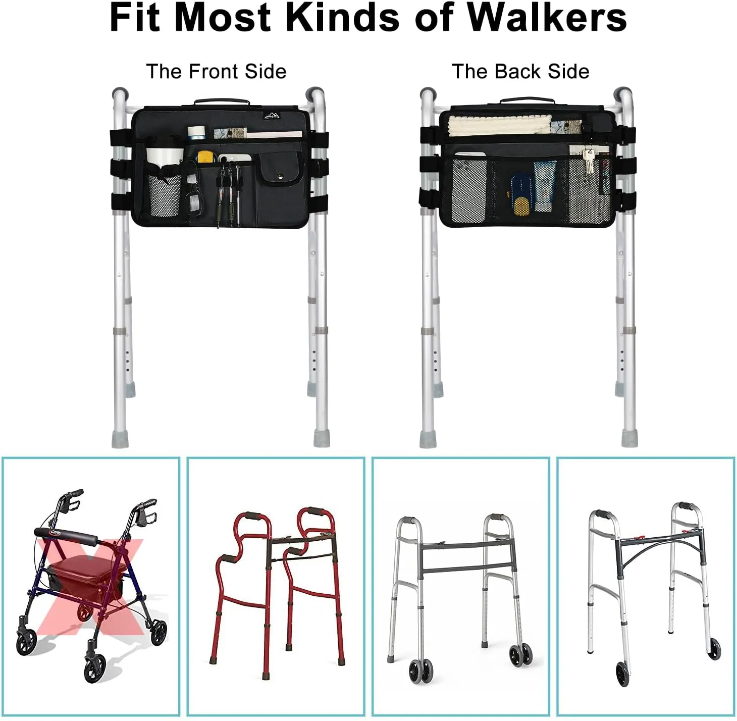 supregear Walker Bag for Seniors Folding Walker Accessories Bag (Double Sided), Walker Basket Caddy Large Capacity Waterproof Tote with 9 Pockets and Cup Holder (Light Black)