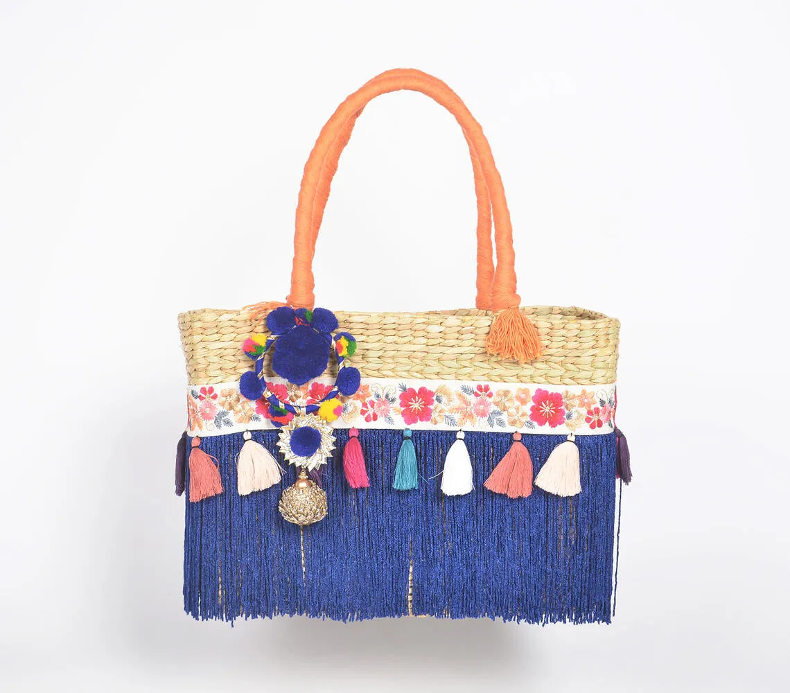 Tasseled Basket Woven Cane Indigo Handbag
