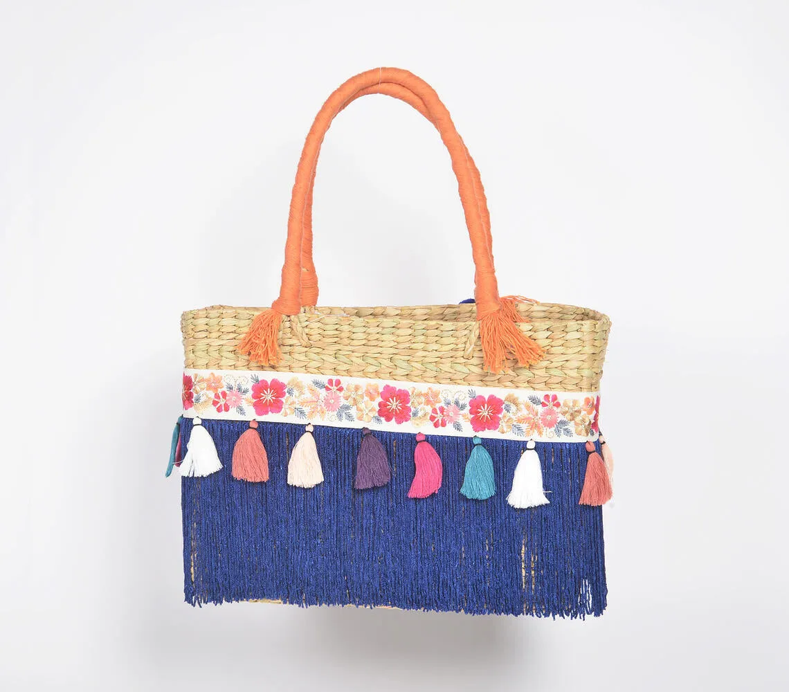 Tasseled Basket Woven Cane Indigo Handbag