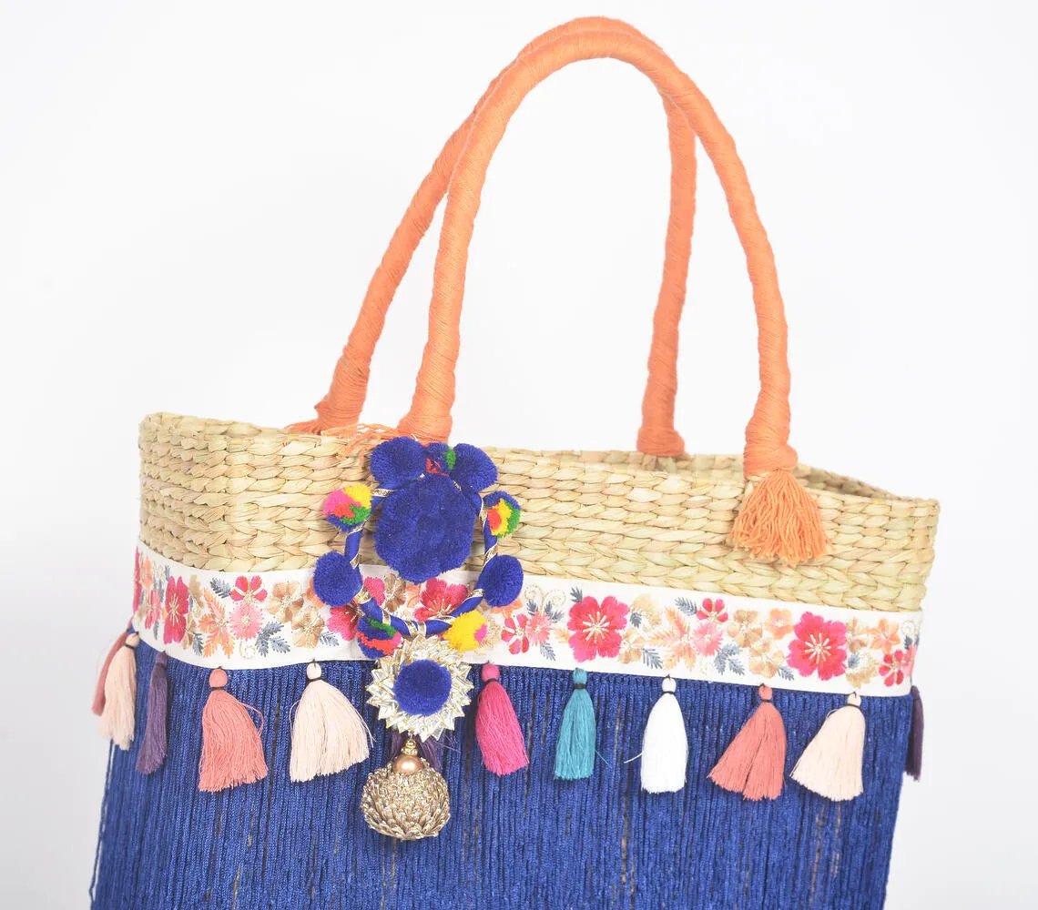 Tasseled Basket Woven Cane Indigo Handbag