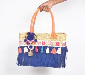 Tasseled Basket Woven Cane Indigo Handbag