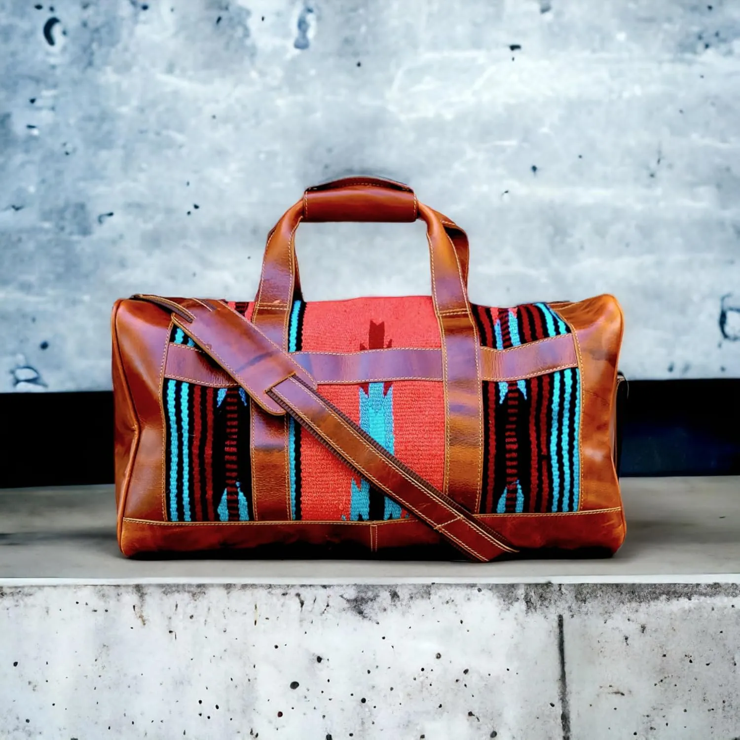 The Southwestern Antique Saddle Brown Leather Aztec Weekender Western Duffel Bag (Sedona)