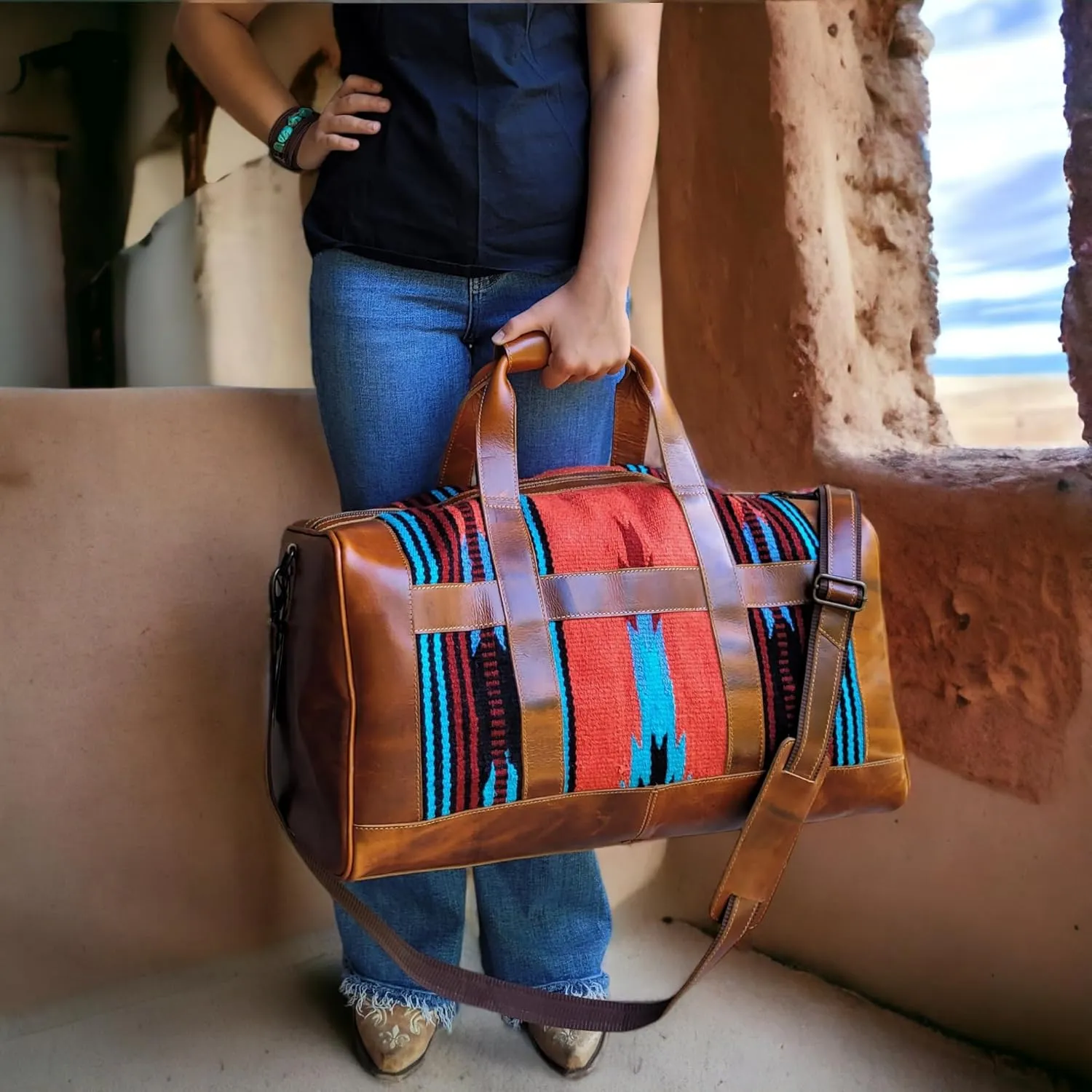 The Southwestern Antique Saddle Brown Leather Aztec Weekender Western Duffel Bag (Sedona)