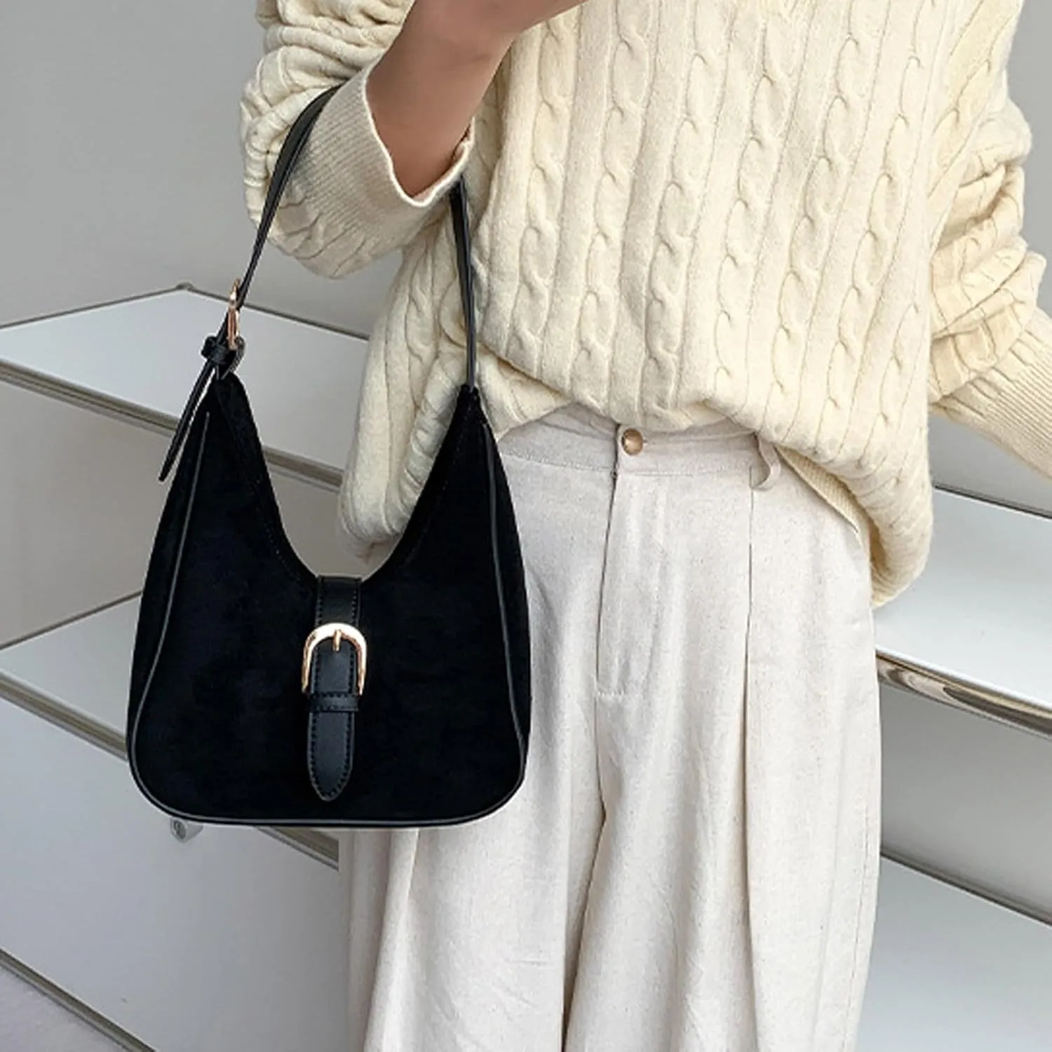 The Tote Bag Dupes,Side Bags for Women,Suede Shoulder Bags for Women Retro Fall Clutch Saddle Bag Small Tote Bag Satchels Work Purses Slouchy Crescent Handbag