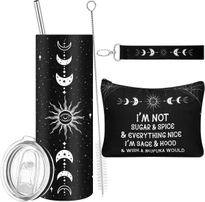 Tioncy Moon Phase Witch Gifts: Goth Tumbler with Lid, Straw & Makeup Bag - Moon Phase Keychain - Xmas Witchcraft Gift for Women & Female Friends