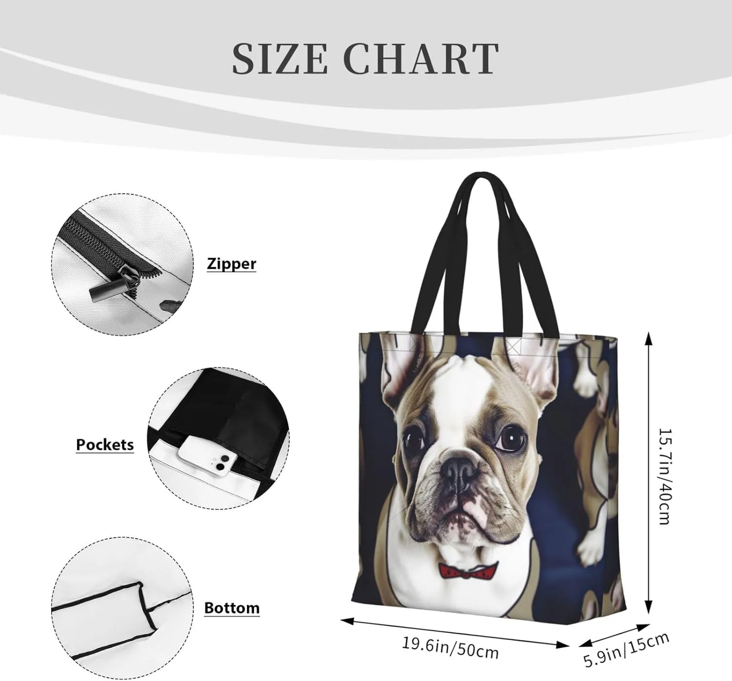 Tote Bag for Women Cute french bulldog Shoulder Bag with Zipper Handbag Large Capacity Reusable Grocery Bag