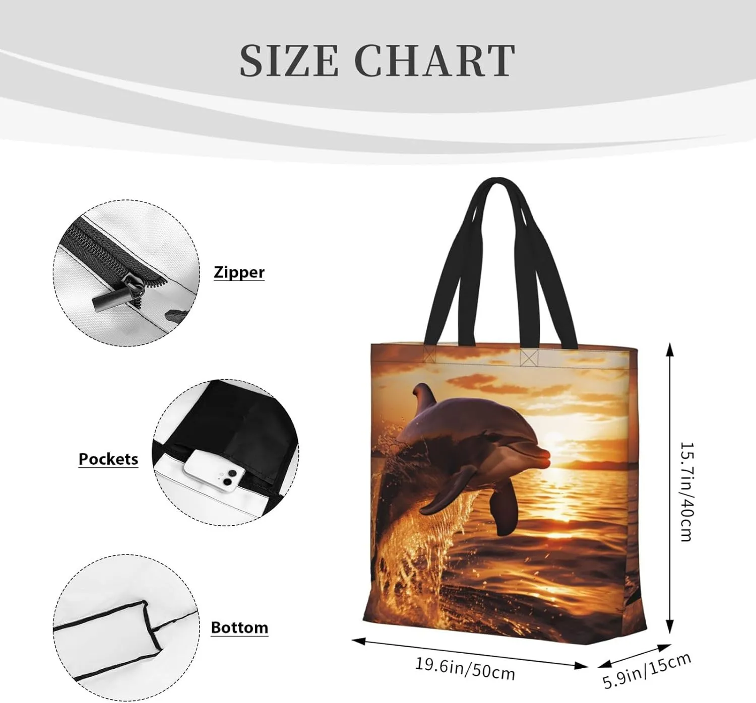 Tote Bag for Women Dolphin at dusk Shoulder Bag with Zipper Handbag Large Capacity Reusable Grocery Bag