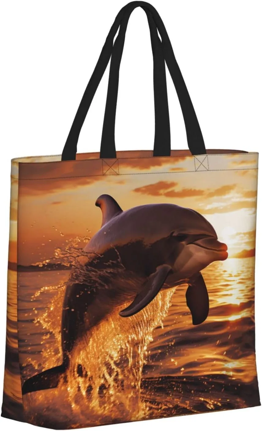 Tote Bag for Women Dolphin at dusk Shoulder Bag with Zipper Handbag Large Capacity Reusable Grocery Bag