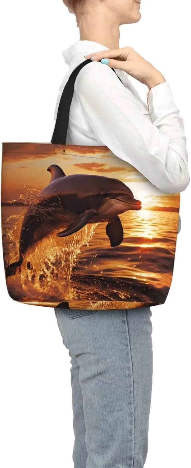 Tote Bag for Women Dolphin at dusk Shoulder Bag with Zipper Handbag Large Capacity Reusable Grocery Bag