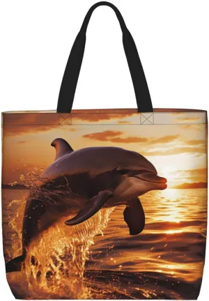 Tote Bag for Women Dolphin at dusk Shoulder Bag with Zipper Handbag Large Capacity Reusable Grocery Bag