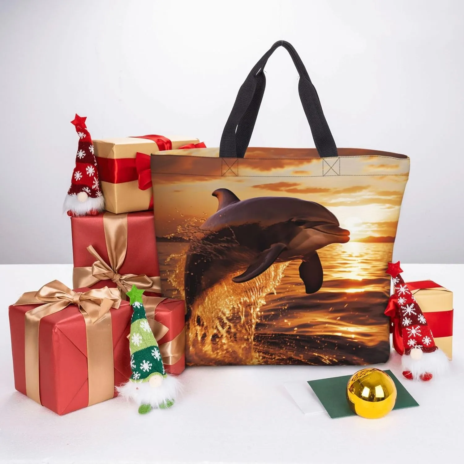 Tote Bag for Women Dolphin at dusk Shoulder Bag with Zipper Handbag Large Capacity Reusable Grocery Bag