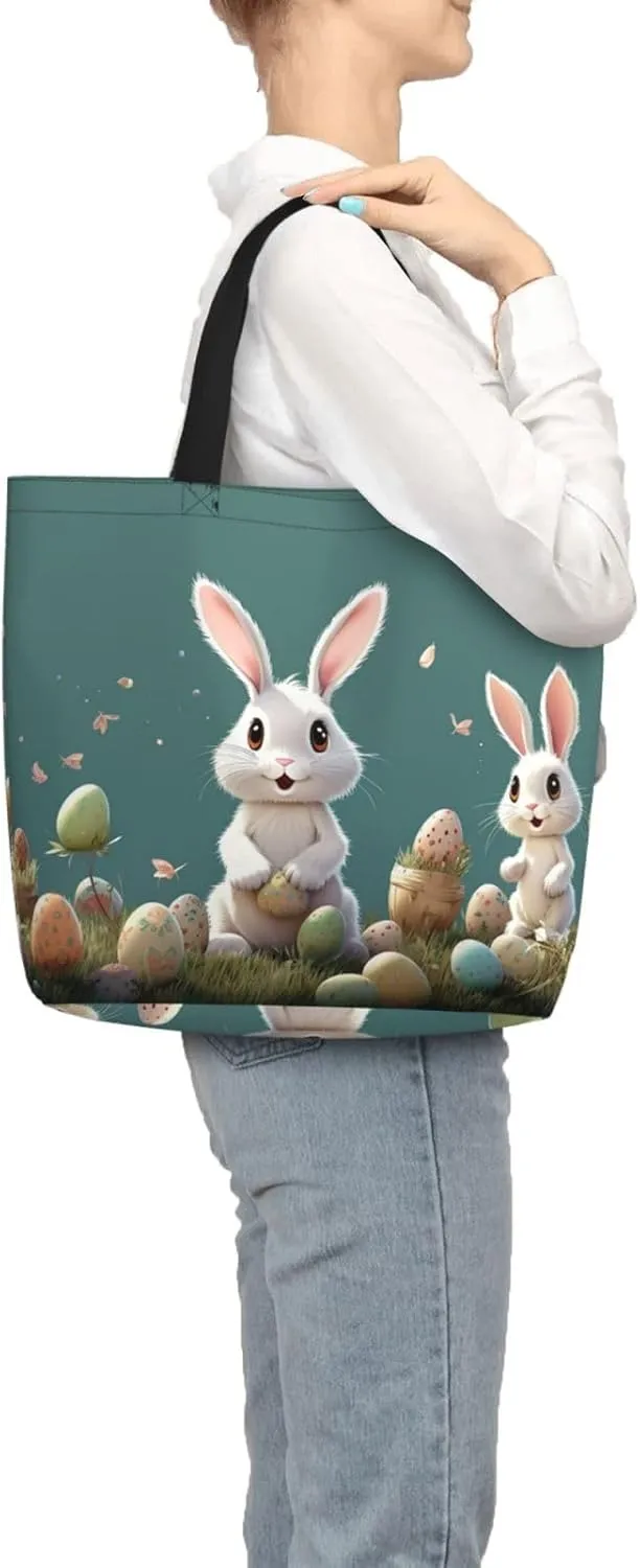 Tote Bag for Women Easter Bunny Shoulder Bag with Zipper Handbag Large Capacity Reusable Grocery Bag