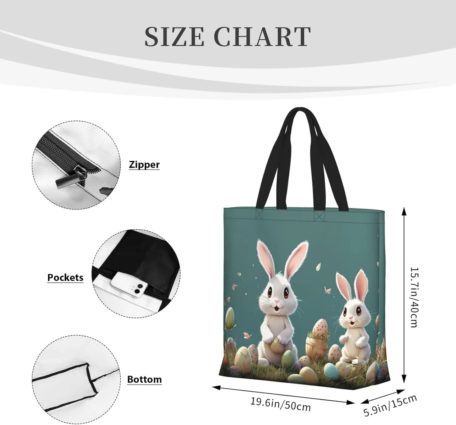 Tote Bag for Women Easter Bunny Shoulder Bag with Zipper Handbag Large Capacity Reusable Grocery Bag