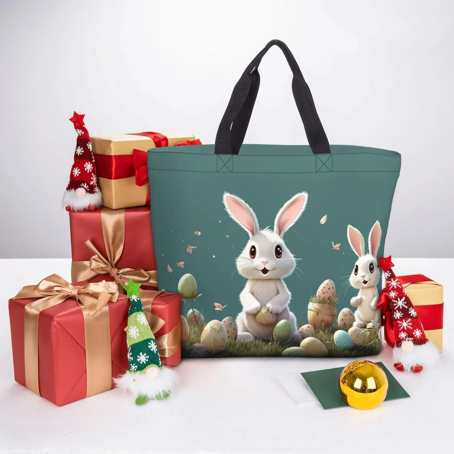 Tote Bag for Women Easter Bunny Shoulder Bag with Zipper Handbag Large Capacity Reusable Grocery Bag