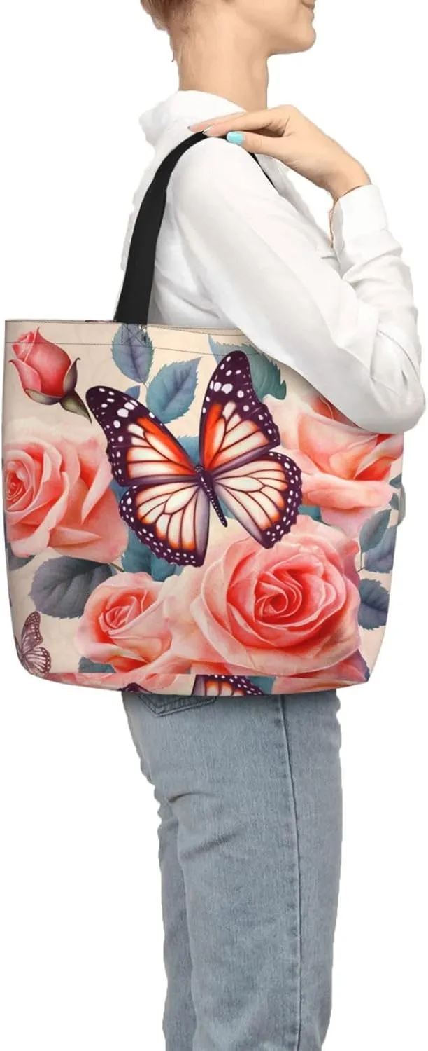Tote Bag for Women Flower watercolor Shoulder Bag with Zipper Handbag Large Capacity Reusable Grocery Bag