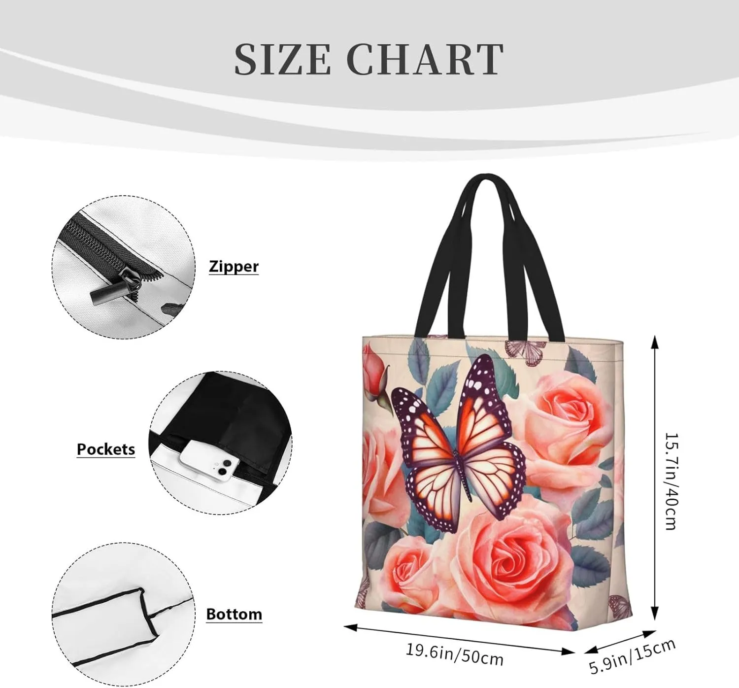 Tote Bag for Women Flower watercolor Shoulder Bag with Zipper Handbag Large Capacity Reusable Grocery Bag