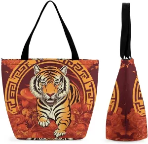 Tote Bag for Women Shoulder Bag with Zipper Prosperity in The Year of The Tiger Handbag for Travel Work Grocery Bag