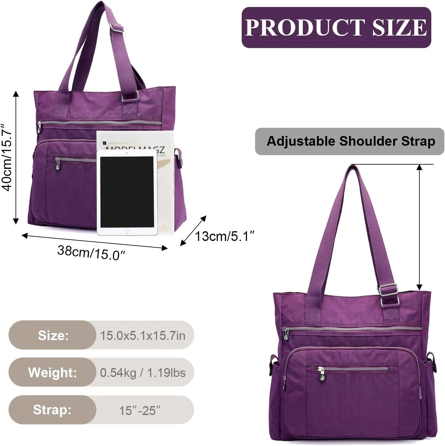 Tote Bag for Women, Waterproof Nylon Shoulder Bags, Multi Pockets Tote Purses, Large Capacity Travel Tote Bag