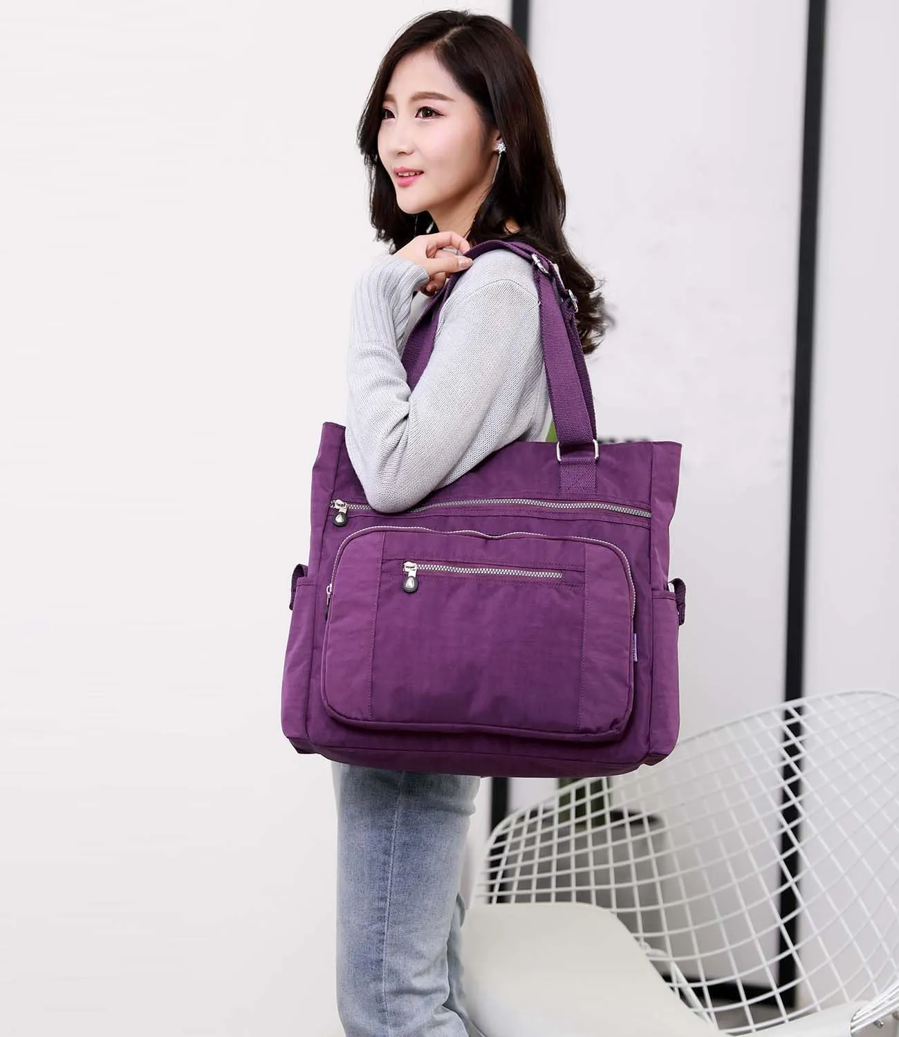 Tote Bag for Women, Waterproof Nylon Shoulder Bags, Multi Pockets Tote Purses, Large Capacity Travel Tote Bag