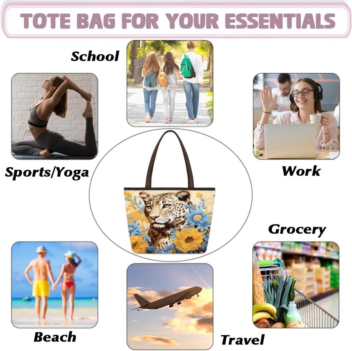 Tote Bag for Women with Zipper Large Capacity Top Handle Casual Shoulder Bag Handbag Reusable Shopping
