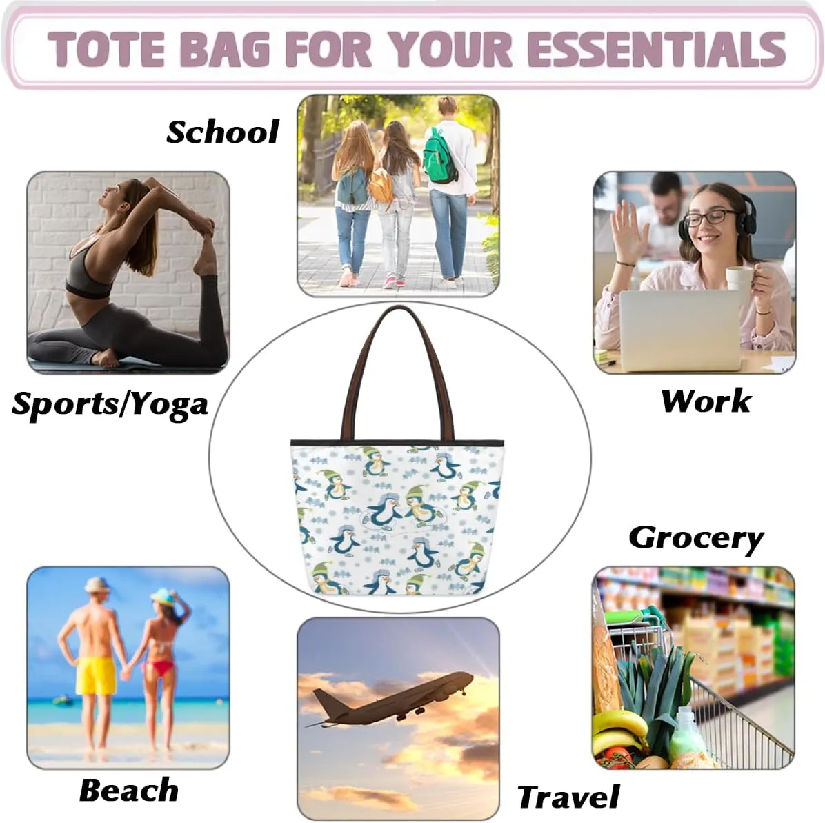 Tote Bag for Women with Zipper Large Capacity Top Handle Casual Shoulder Bag Handbag Reusable Shopping