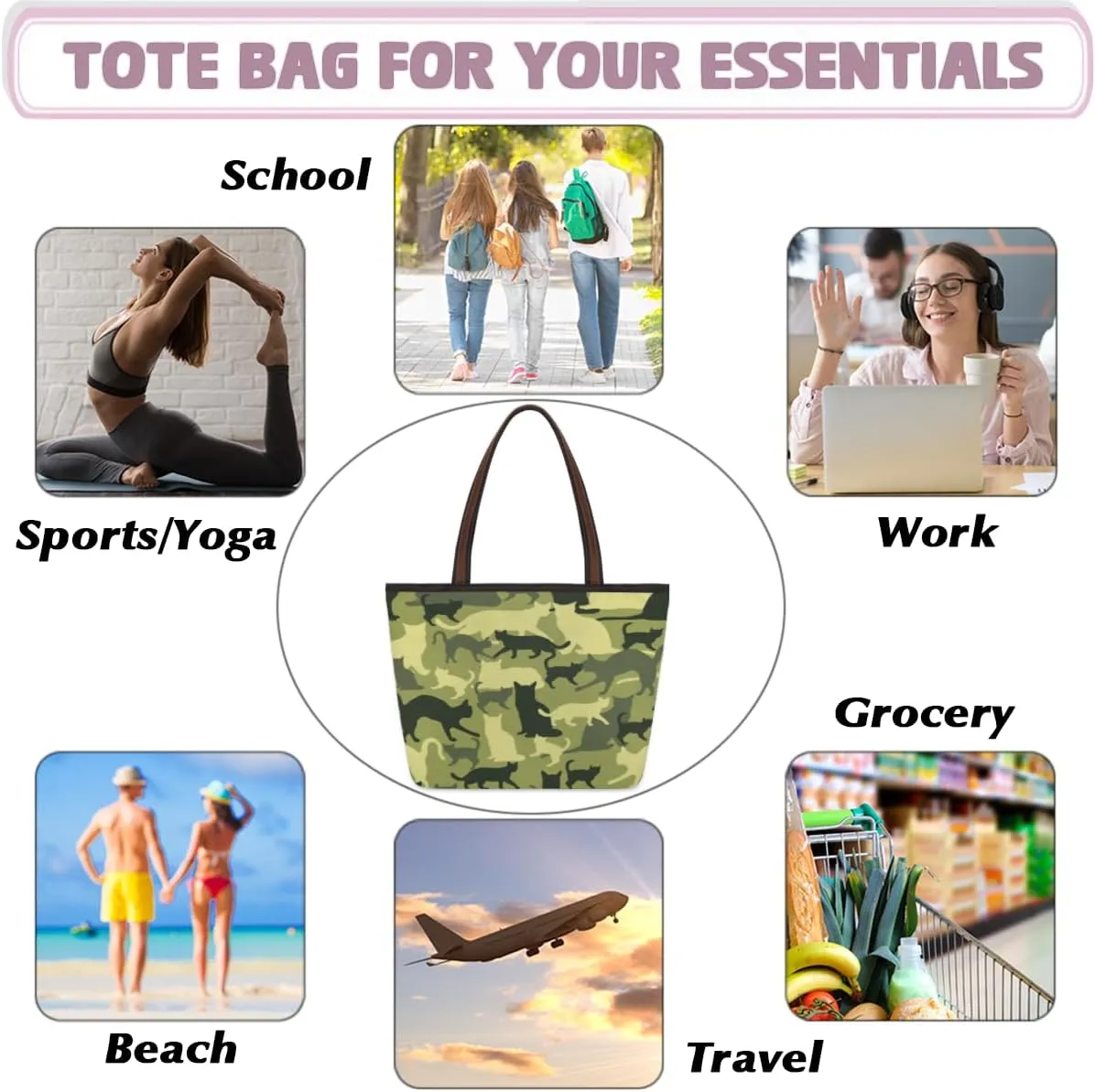 Tote Bag for Women with Zipper Large Capacity Top Handle Casual Shoulder Bag Handbag Reusable Shopping