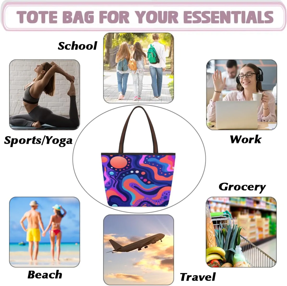 Tote Bag for Women with Zipper Large Capacity Top Handle Casual Shoulder Bag Handbag Reusable Shopping