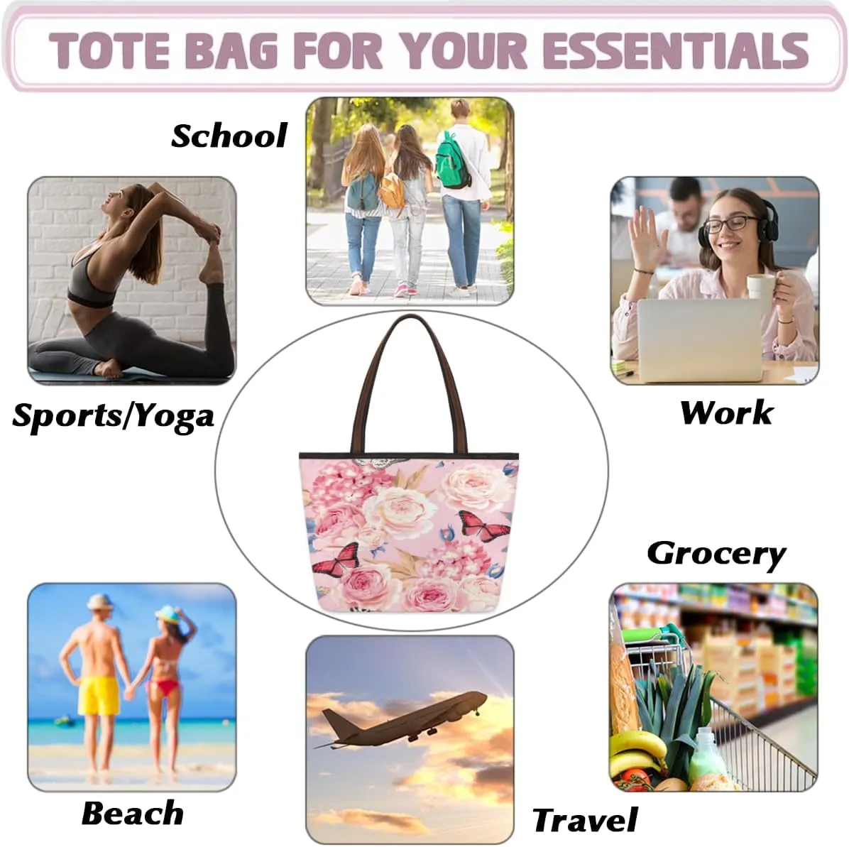 Tote Bag for Women with Zipper Large Capacity Top Handle Casual Shoulder Bag Handbag Reusable Shopping