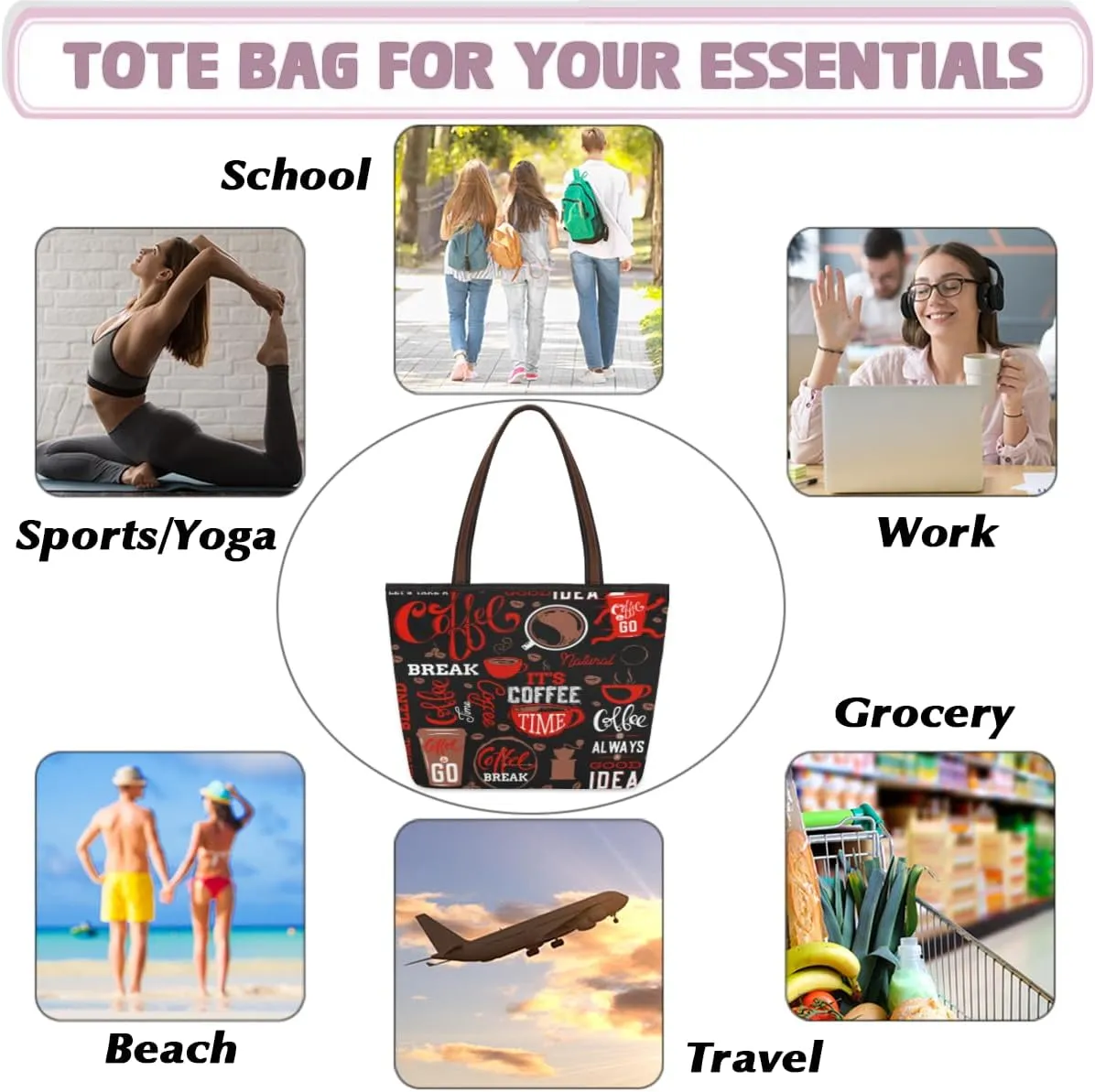 Tote Bag for Women with Zipper Large Capacity Top Handle Casual Shoulder Bag Handbag Reusable Shopping