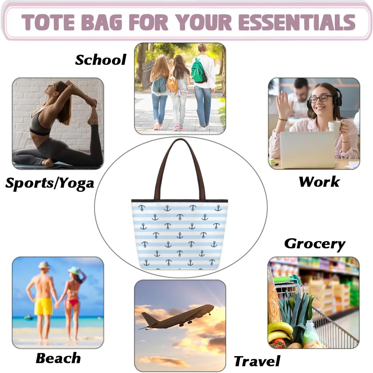 Tote Bag for Women with Zipper Large Capacity Top Handle Casual Shoulder Bag Handbag Reusable Shopping