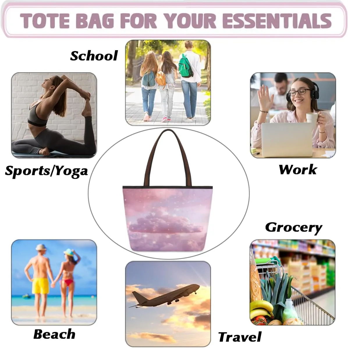 Tote Bag for Women with Zipper Large Capacity Top Handle Casual Shoulder Bag Handbag Reusable Shopping