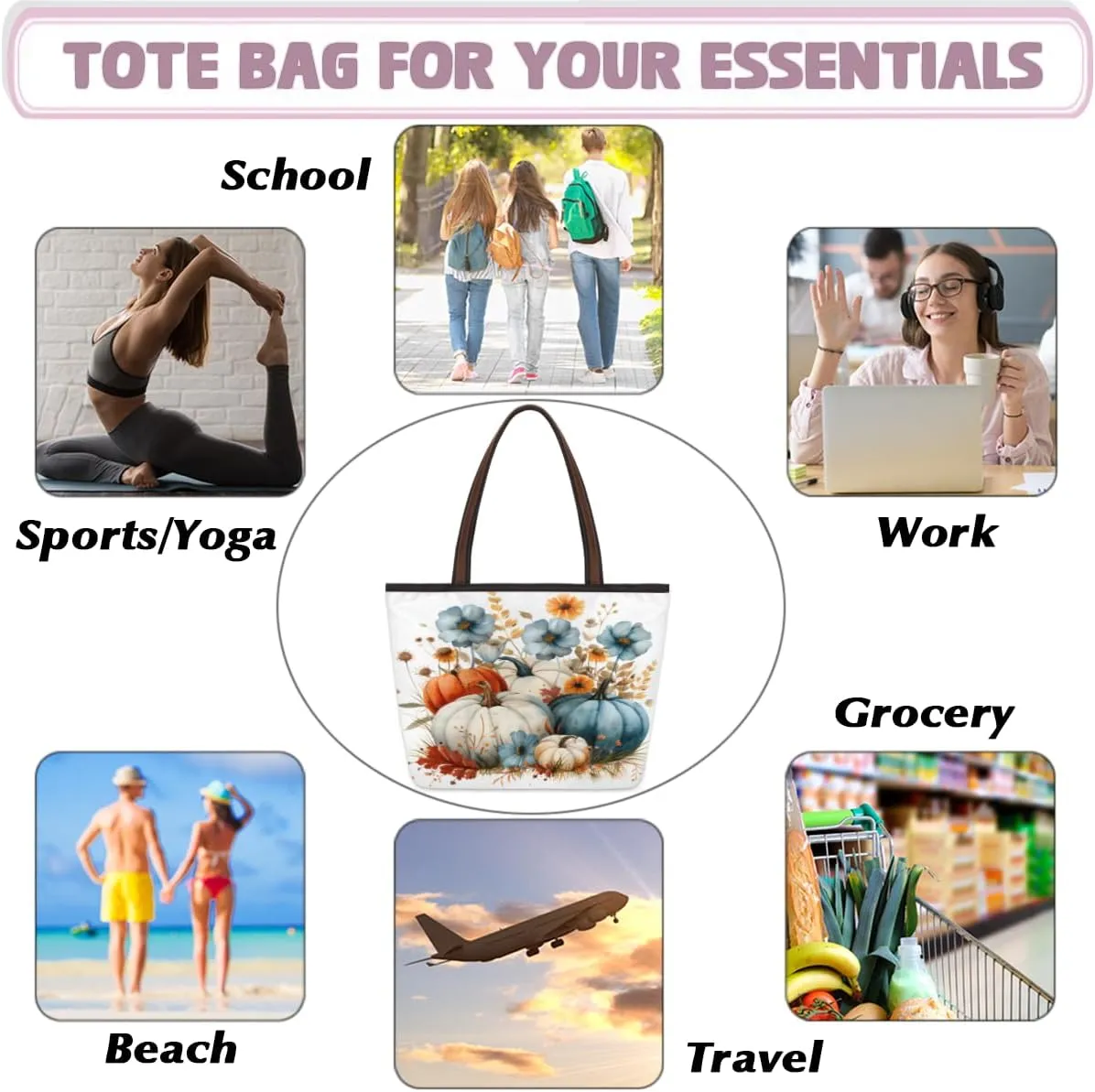 Tote Bag for Women with Zipper Large Capacity Top Handle Casual Shoulder Bag Handbag Reusable Shopping