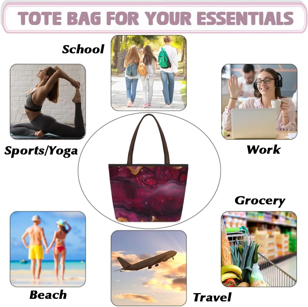 Tote Bag for Women with Zipper Large Capacity Top Handle Casual Shoulder Bag Handbag Reusable Shopping