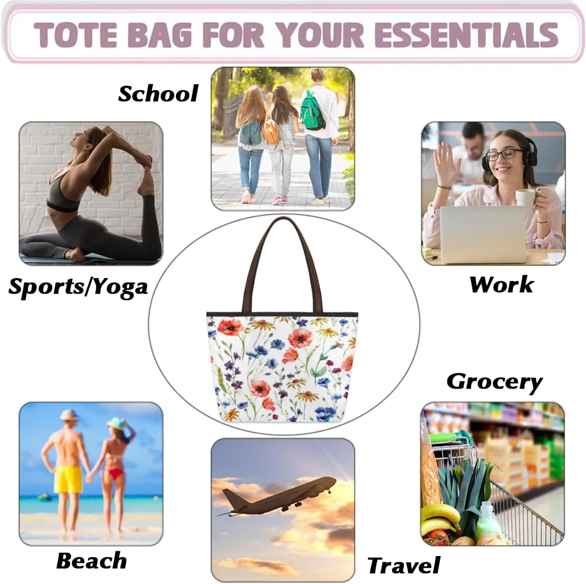 Tote Bag for Women with Zipper Large Capacity Top Handle Casual Shoulder Bag Handbag Reusable Shopping