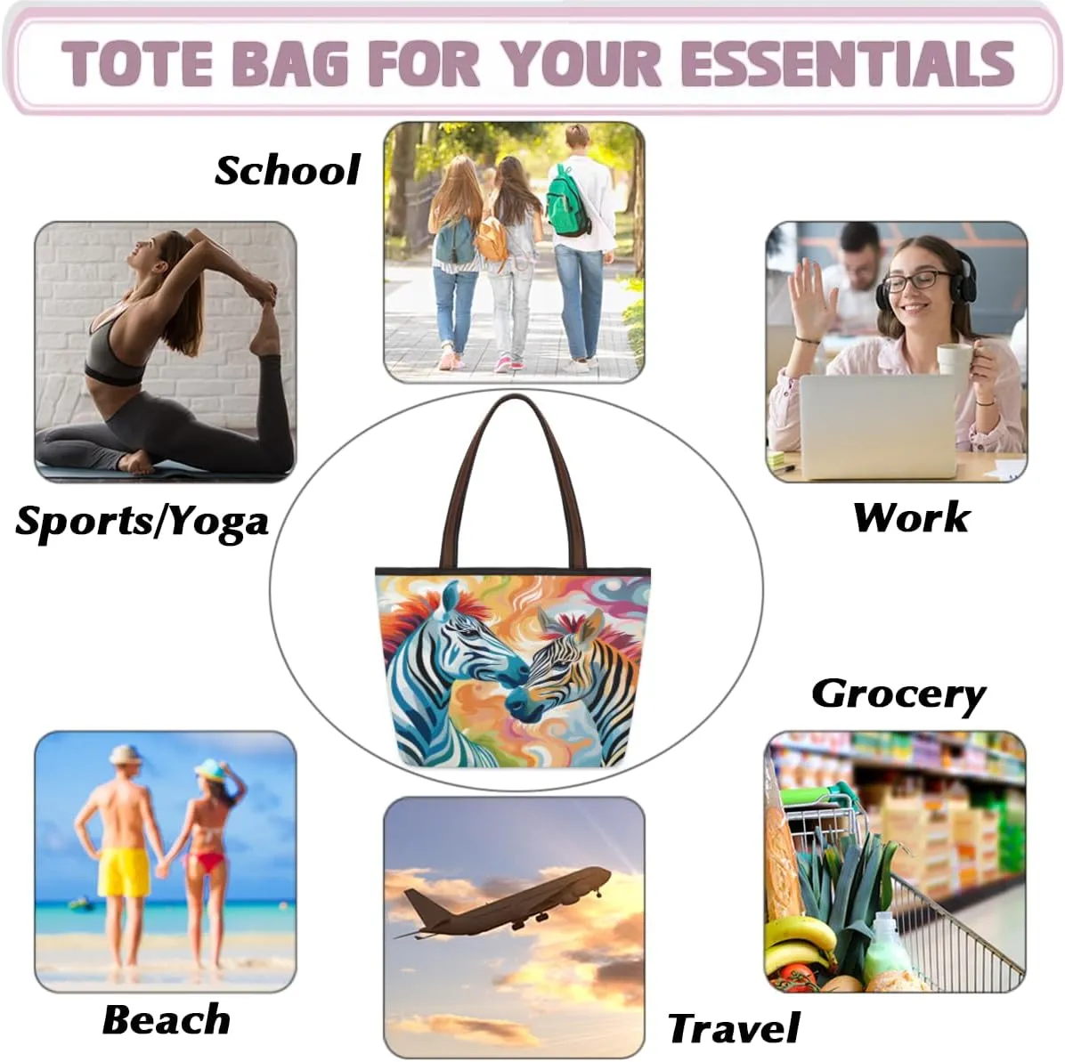Tote Bag for Women with Zipper Large Capacity Top Handle Casual Shoulder Bag Handbag Reusable Shopping