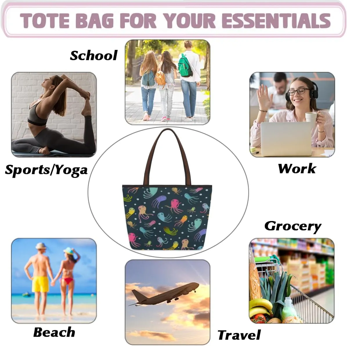 Tote Bag for Women with Zipper Large Capacity Top Handle Casual Shoulder Bag Handbag Reusable Shopping