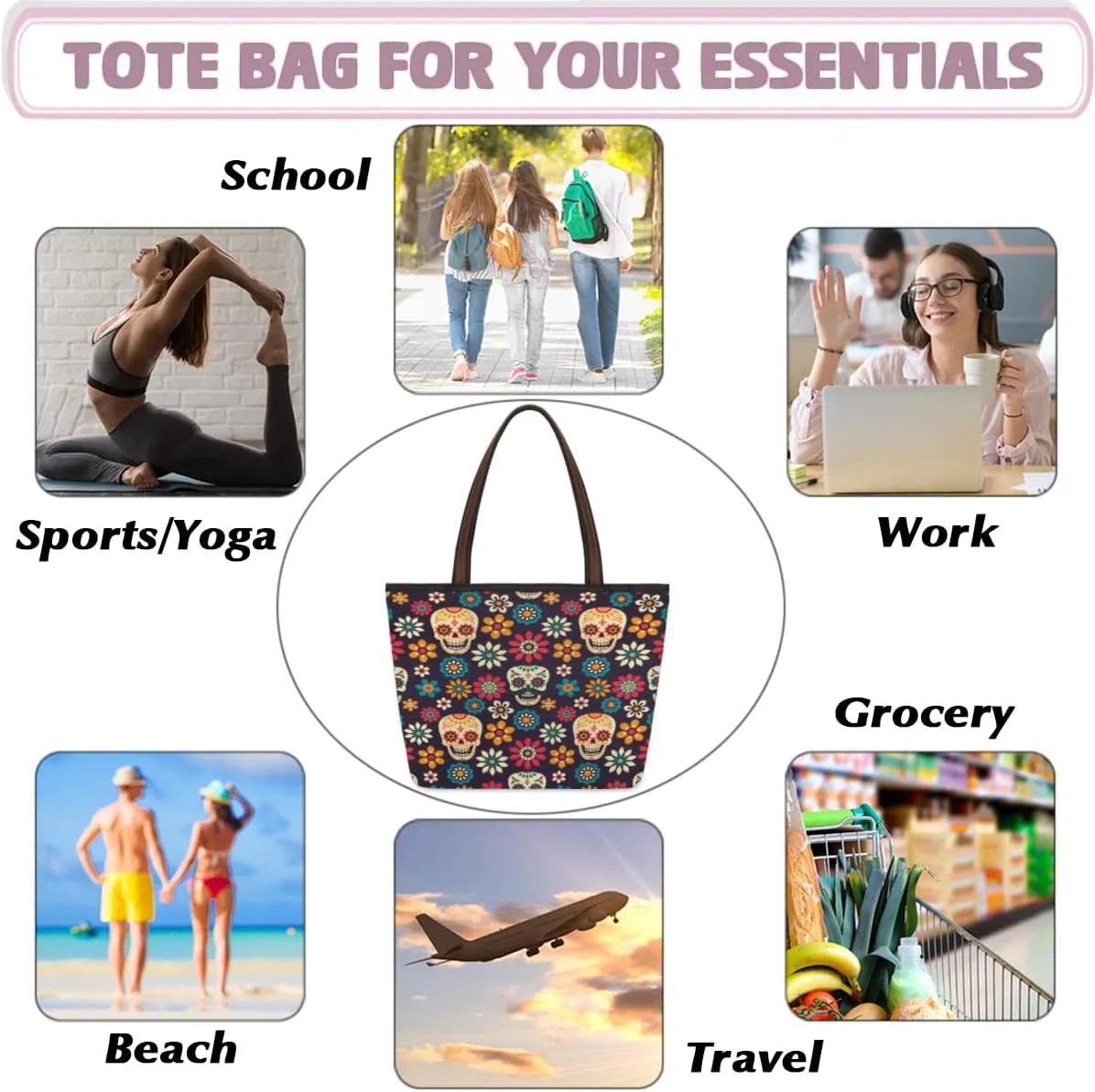 Tote Bag for Women with Zipper Large Capacity Top Handle Casual Shoulder Bag Handbag Reusable Shopping