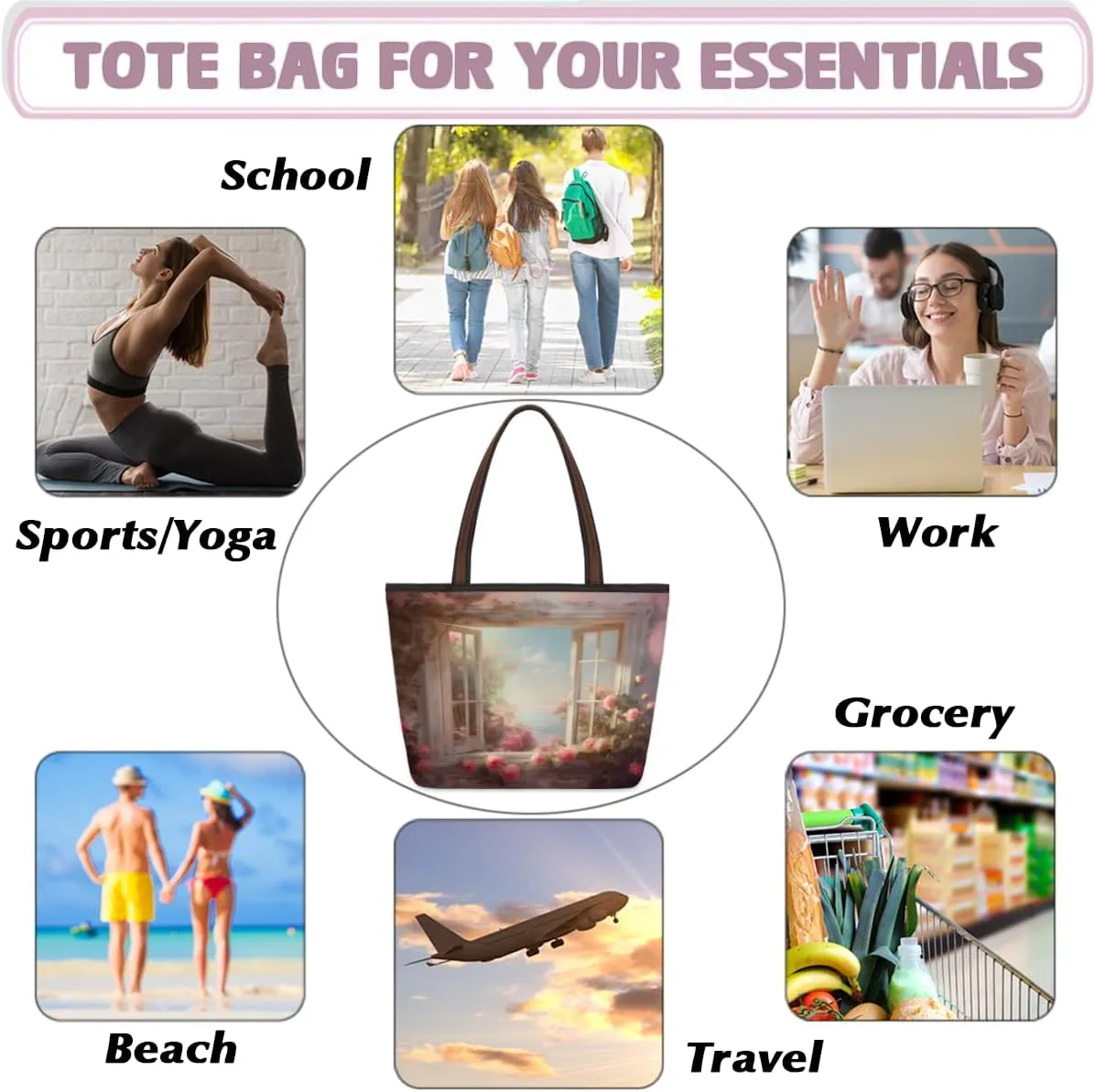 Tote Bag for Women with Zipper Large Capacity Top Handle Casual Shoulder Bag Handbag Reusable Shopping