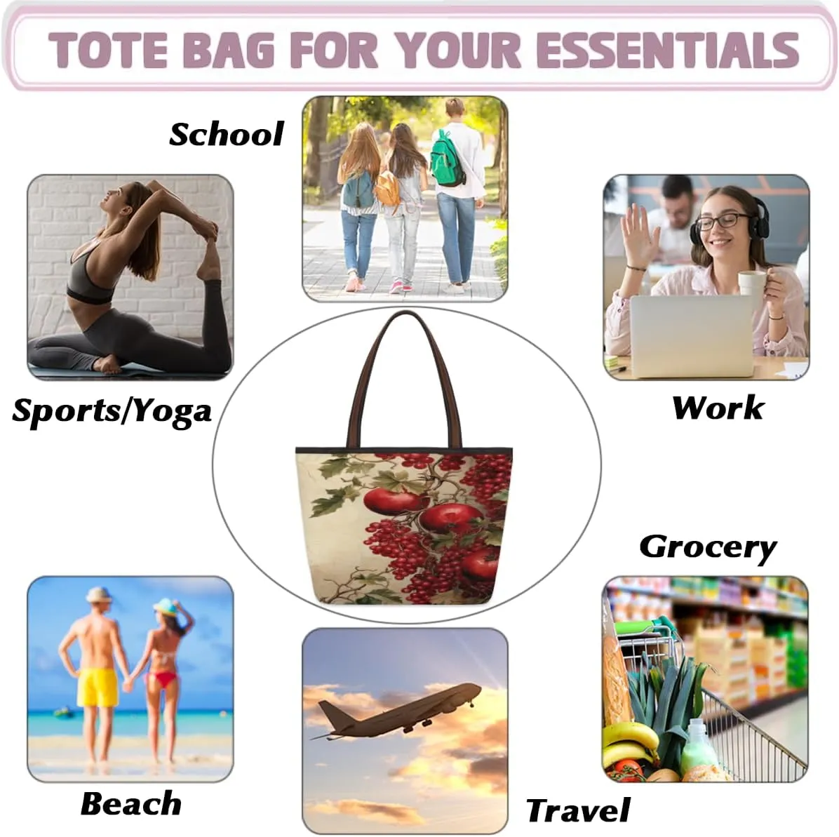 Tote Bag for Women with Zipper Large Capacity Top Handle Casual Shoulder Bag Handbag Reusable Shopping