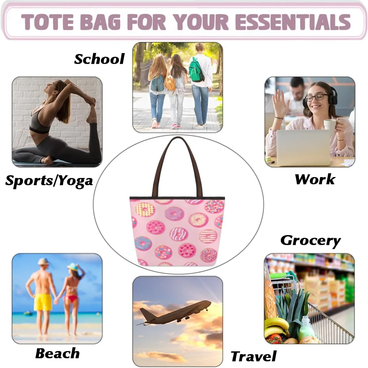 Tote Bag for Women with Zipper Large Capacity Top Handle Casual Shoulder Bag Handbag Reusable Shopping