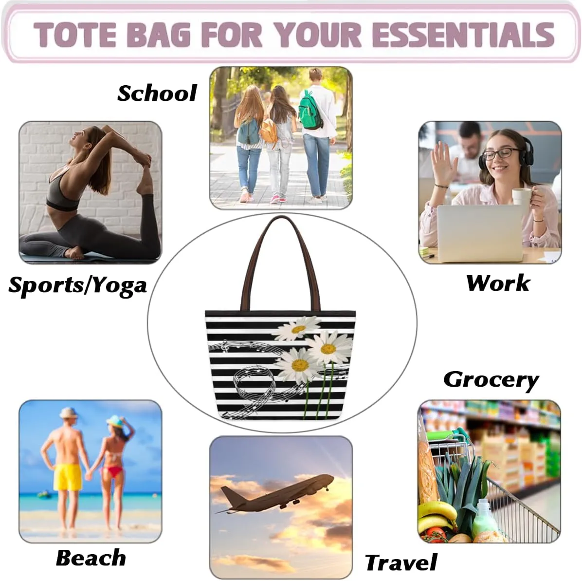 Tote Bag for Women with Zipper Large Capacity Top Handle Casual Shoulder Bag Handbag Reusable Shopping